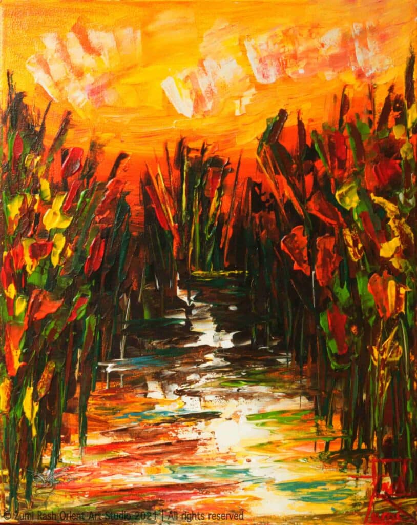 acrylic abstract painting of a river in the autumn season