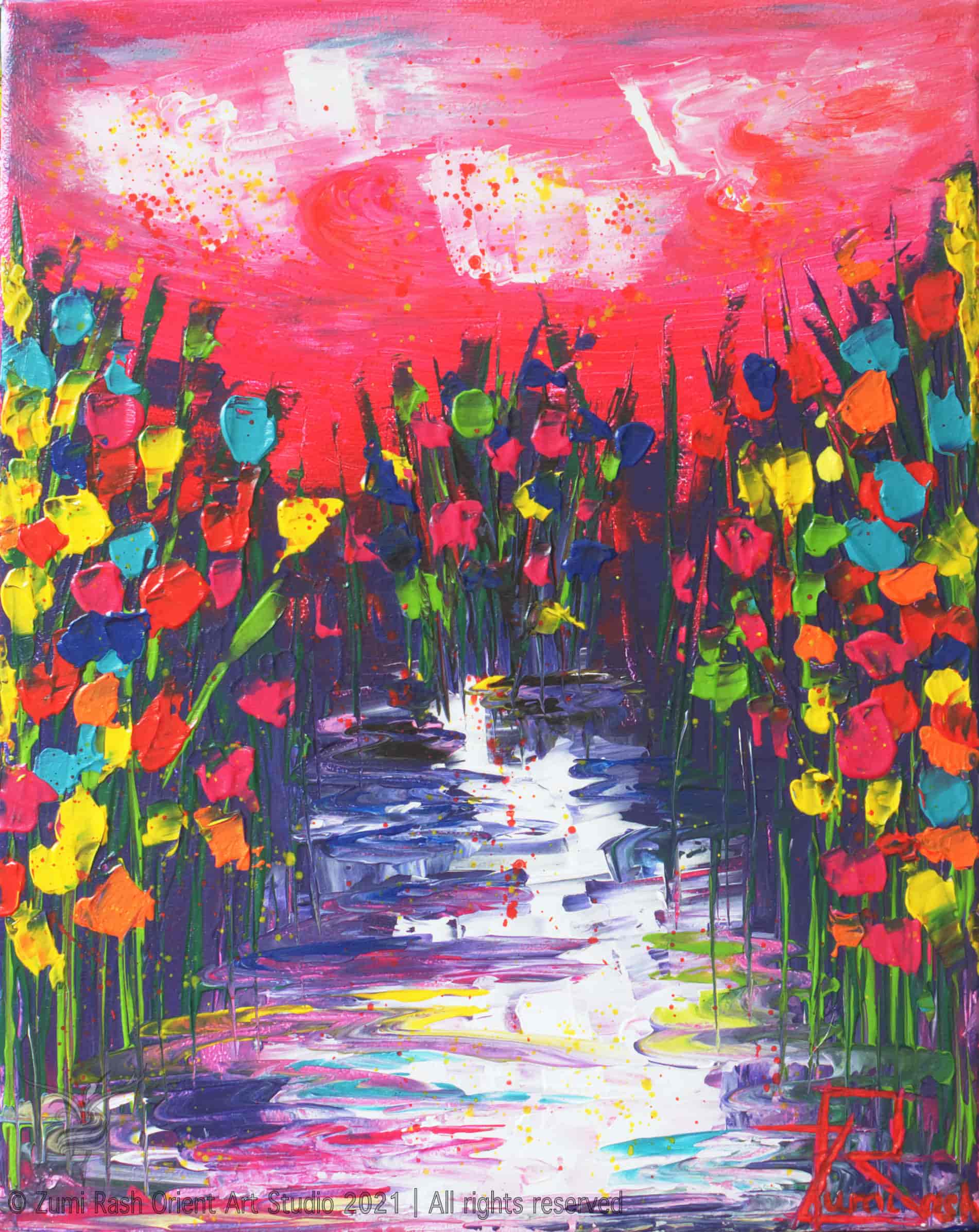 acrylic abstract painting of a river in the spring season