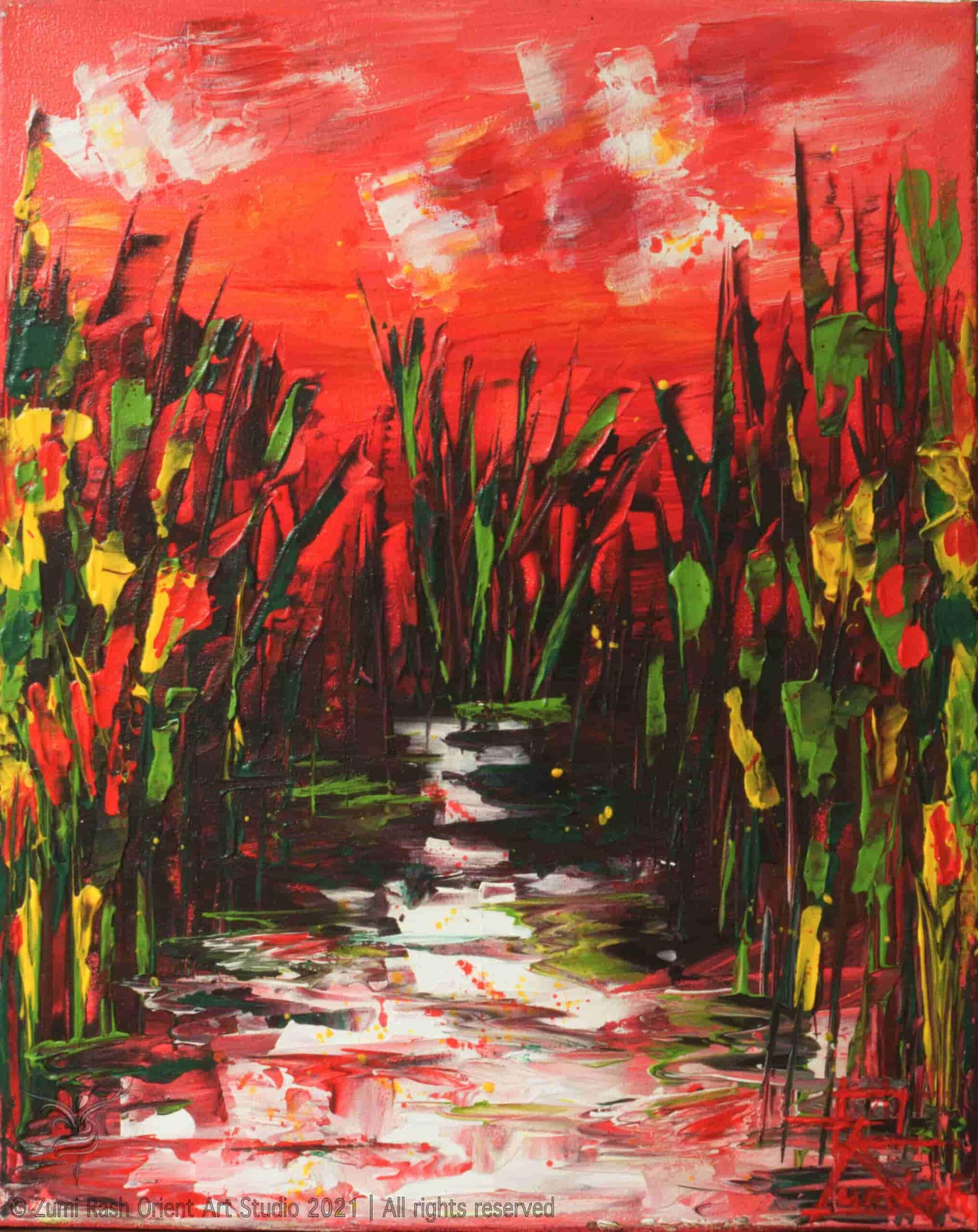 acrylic abstract painting of a river in the summer season
